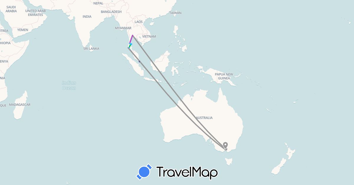 TravelMap itinerary: driving, bus, plane, train, hiking, boat in Australia, Singapore, Thailand (Asia, Oceania)